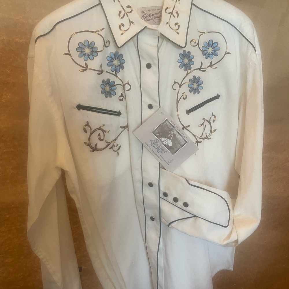 Embroidered Western Shirt with Blue Floral Design